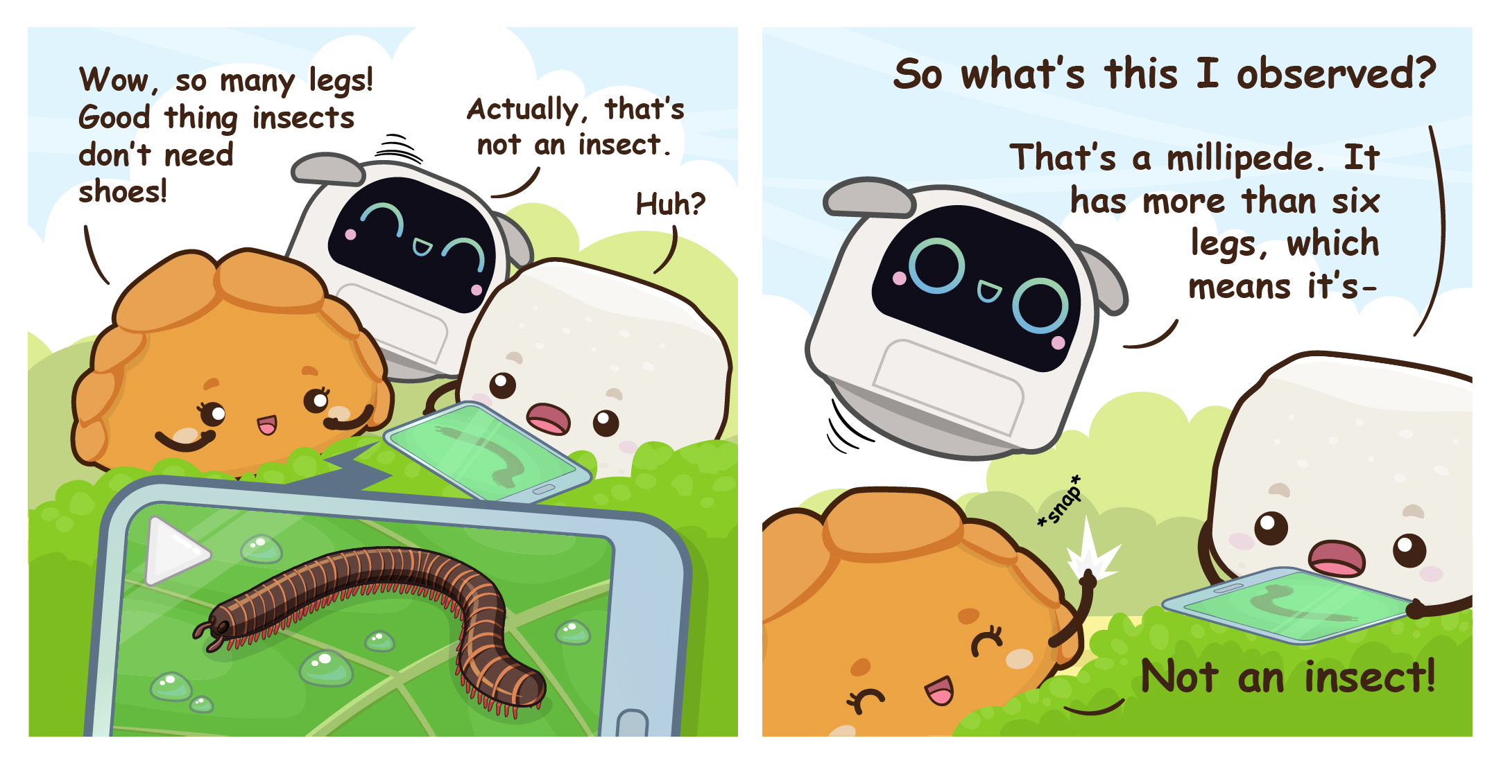 Two-panel comic where Pok Pok, Poodle, and Bouncy inspect video footage of a millipede, learning that organisms with more than six legs are not insects.